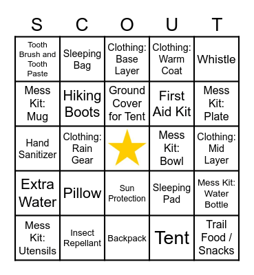 Cub Scout Camping Bingo Card