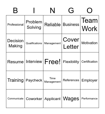Work Readiness Bingo Card