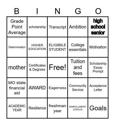 DREAMM Scholarship Bingo Card