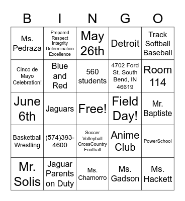 Navarre Jaguars 2022 Bingo Card