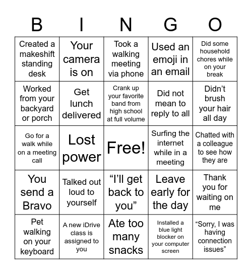 WFH Bingo Card