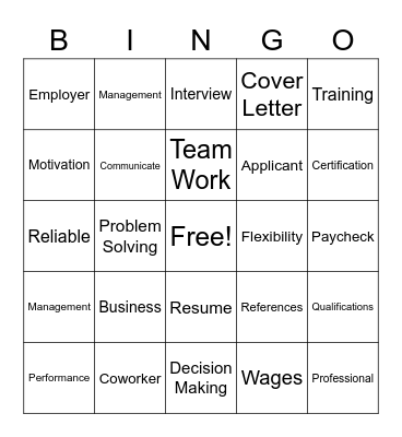 Work Readiness Bingo Card