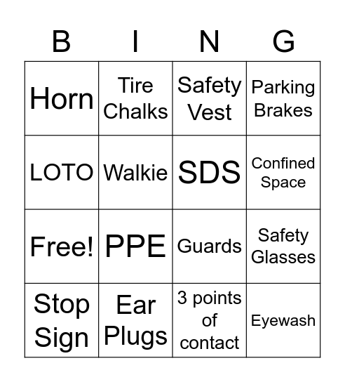 Safety Bingo Card