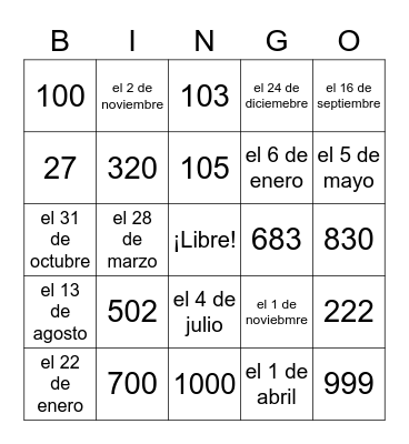 El Cumpleaños y Los Números Bingo Card