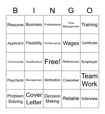 Work Readiness Bingo Card
