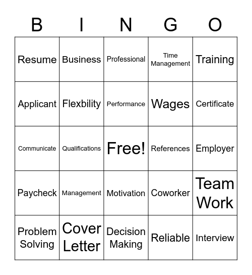 Work Readiness Bingo Card
