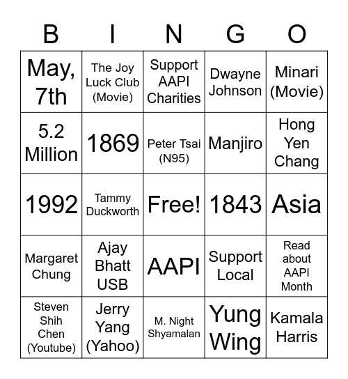 AAPI Month Bingo Card