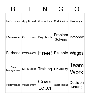 Work Readiness Bingo Card