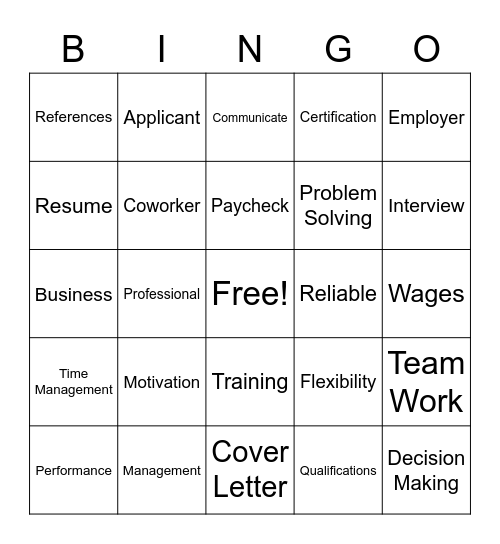 Work Readiness Bingo Card