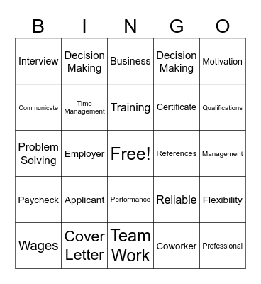 Work Readiness Bingo Card