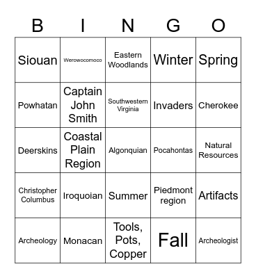 VA Indians Bingo Card