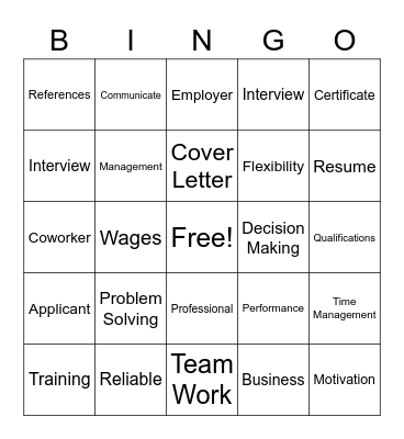 Work Readiness Bingo Card