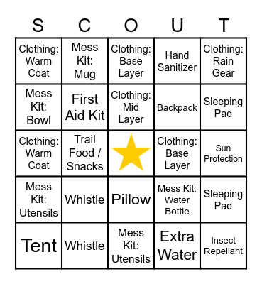 Cub Scout Camping Bingo Card