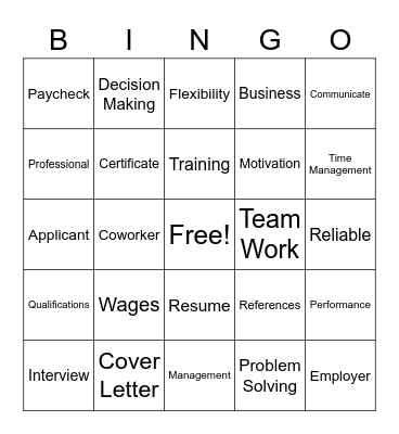 Work Readiness Bingo Card