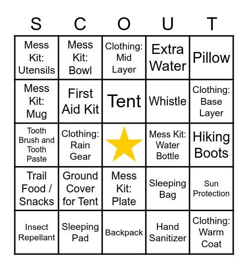 Cub Scout Camping Bingo Card