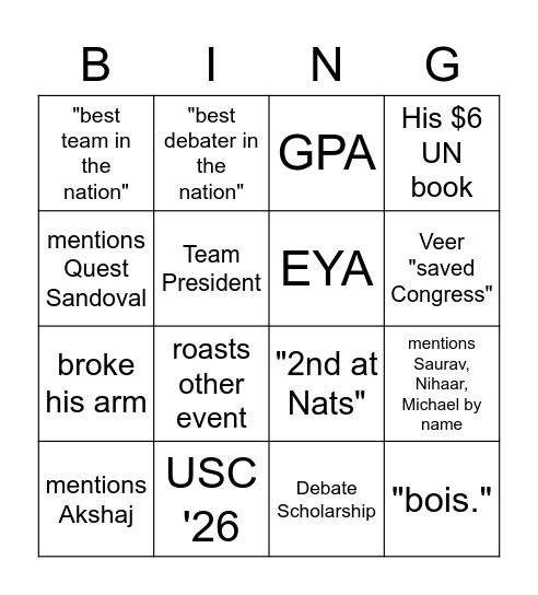 Veer Graduation Bingo Card