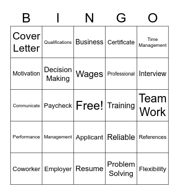 Work Readiness Bingo Card