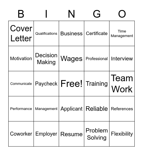 Work Readiness Bingo Card