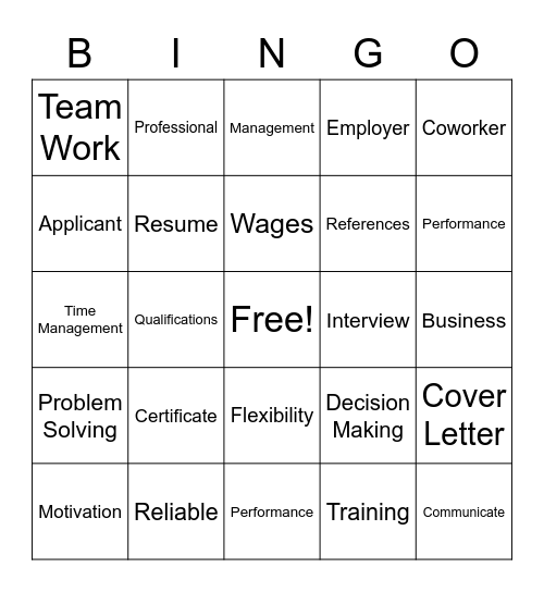 Work Readiness Bingo Card