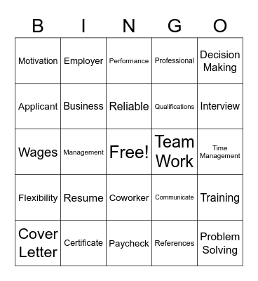Work Readiness Bingo Card