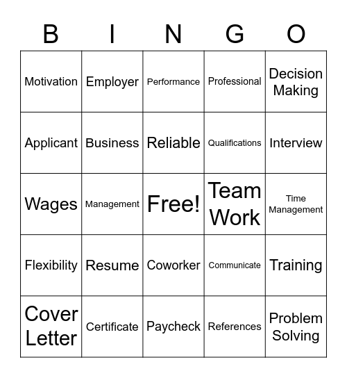 Work Readiness Bingo Card