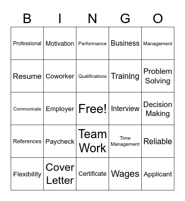 Work Readiness Bingo Card