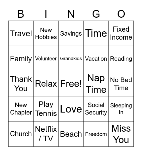 Retirement Bingo! Bingo Card