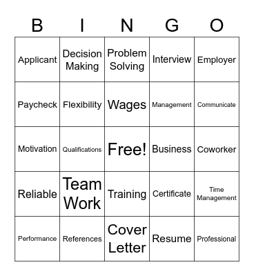 Work Readiness Bingo Card