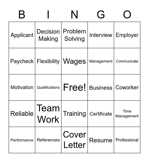 Work Readiness Bingo Card