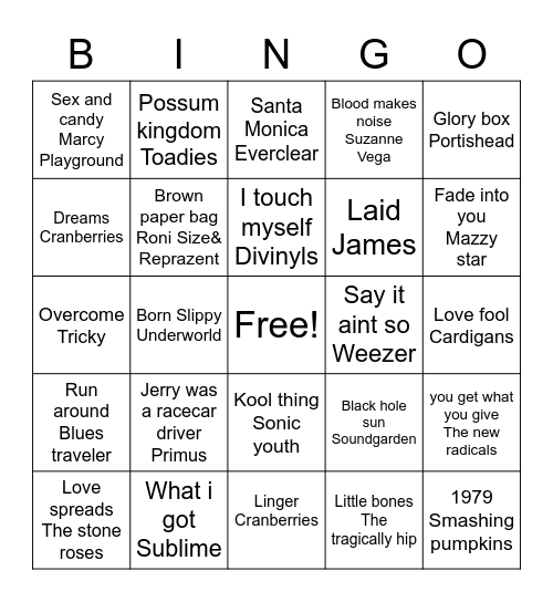 90s Alternative Bingo Card