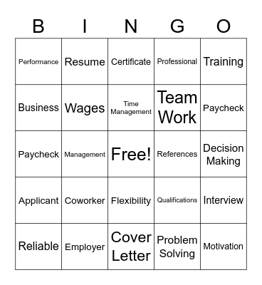 Work Readiness Bingo Card