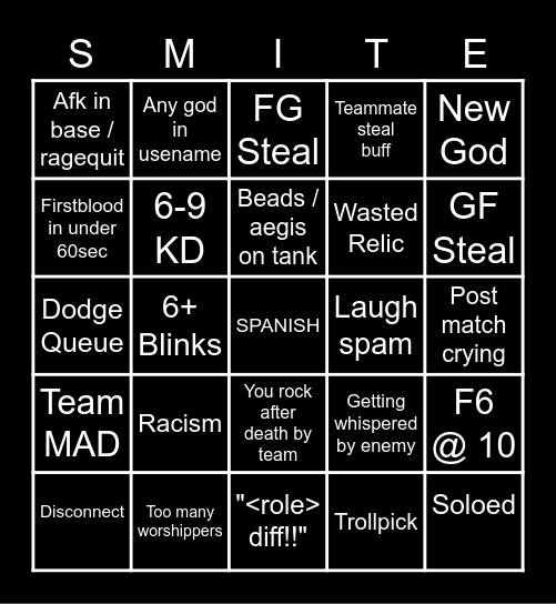 SMITED Bingo Card