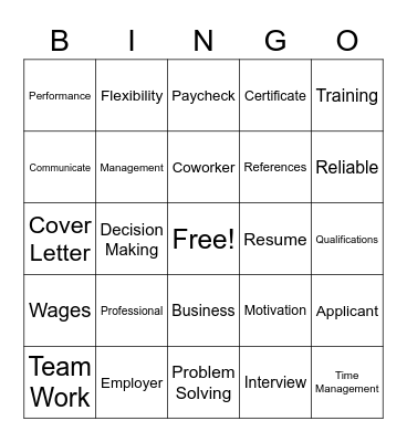 Work Readiness Bingo Card