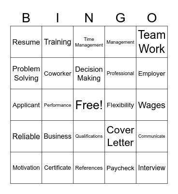 Work Readiness Bingo Card