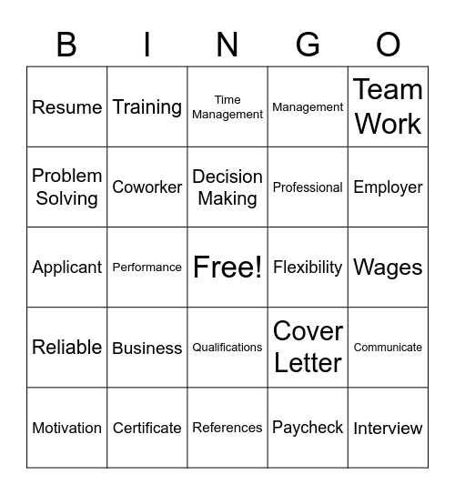 Work Readiness Bingo Card