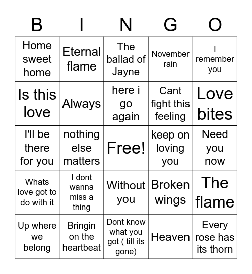 Power Ballads Bingo Card
