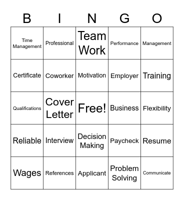 Work Readiness Bingo Card