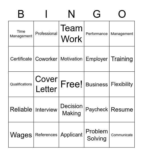 Work Readiness Bingo Card
