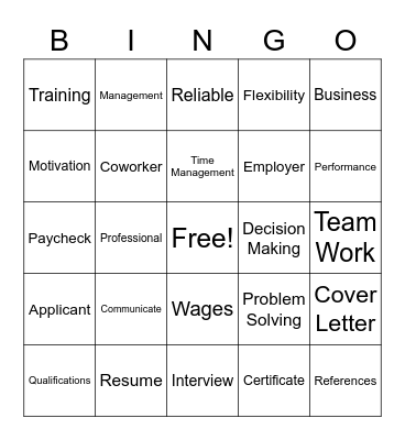 Work Readiness Bingo Card