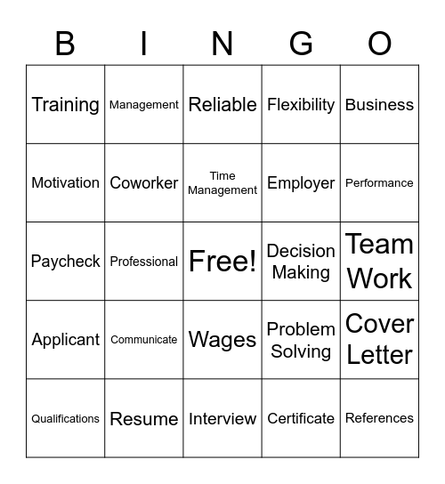 Work Readiness Bingo Card