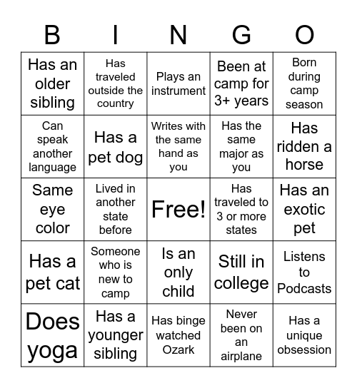 Camp Staff Bingo Card
