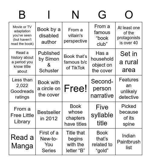 Book Bingo 2022 Bingo Card