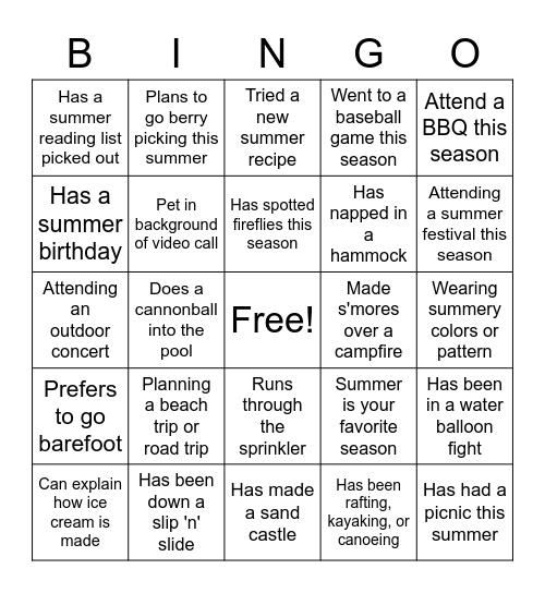 Summer Time Bingo! Bingo Card