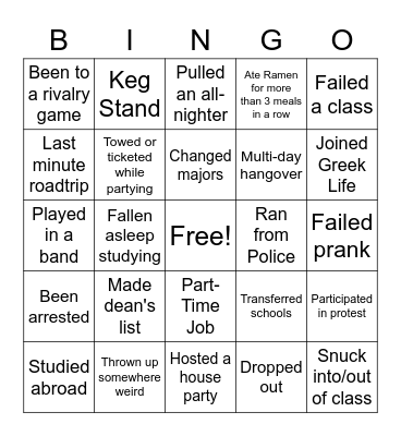 College Years Bingo Card