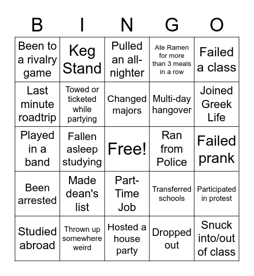 College Years Bingo Card