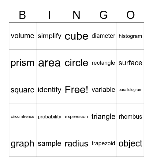 Math Lingo Bingo Card