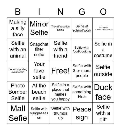 Selfie Bingo Card