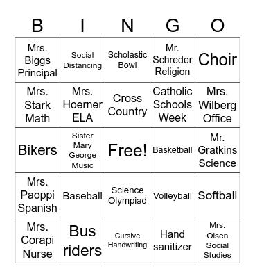 St. Matt's 8th Grade Bingo Card