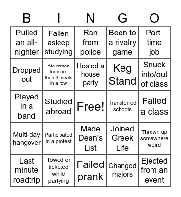 College Years Bingo Card