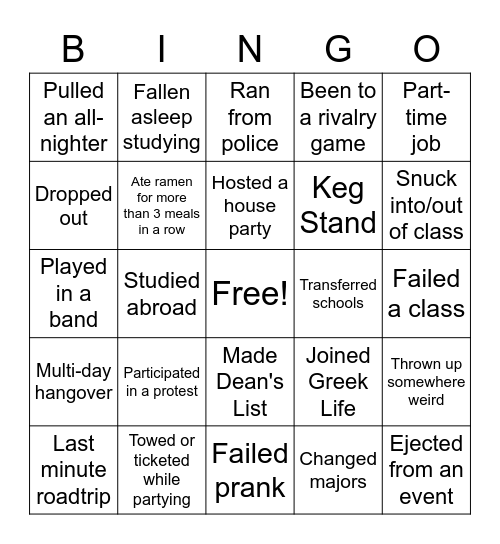 College Years Bingo Card